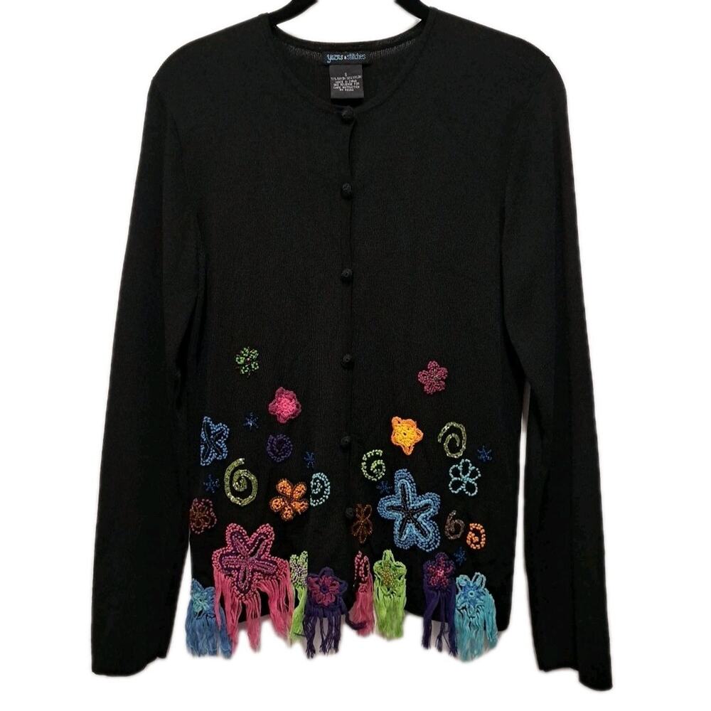 Yarns & Stitches Cardigan Womens Small S Black Button Front Fringe Beads Artsy